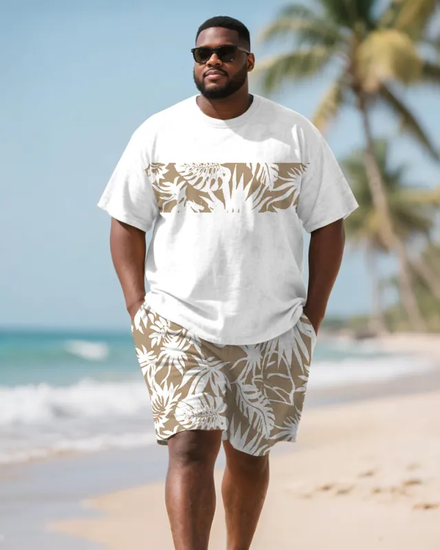 Men's Plus Size Hawaiian Khaki Coconut Print Round Neck Short Sleeve T-Shirt Shorts Suit sold by Biggmans