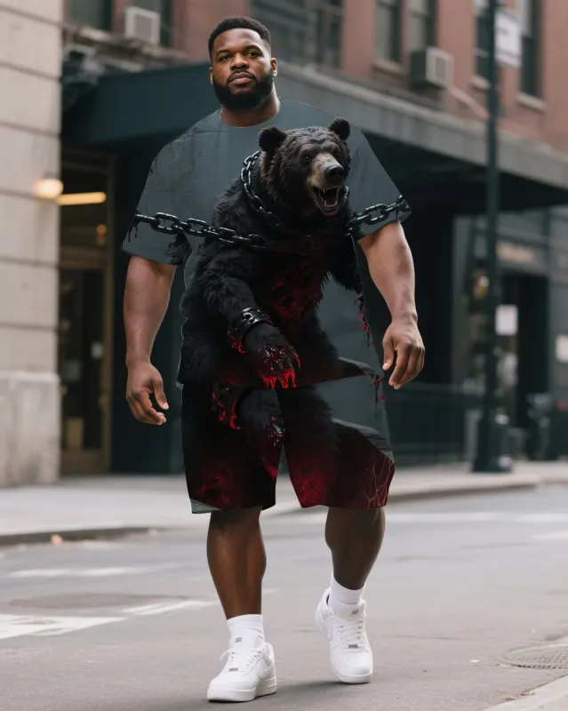 Men's Big & Tall Casual Gothic Style Chained Bear Printed Short Sleeve T-Shirt Shorts Set sold by Biggmans