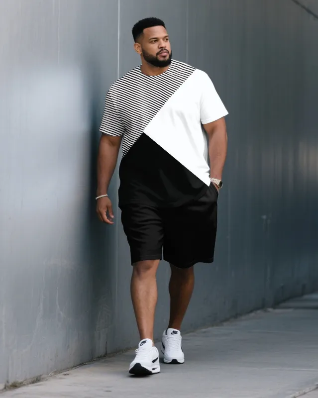 Men's Plus Size Stripe Patchwork White & Black Round Neck Short Sleeve T-Shirt Shorts Suit sold by Biggmans