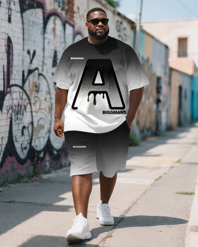 Men's Plus Size Street Graffiti Black Gradient A Letter Print Round Neck Short Sleeve T-Shirt Shorts Suit sold by Biggmans