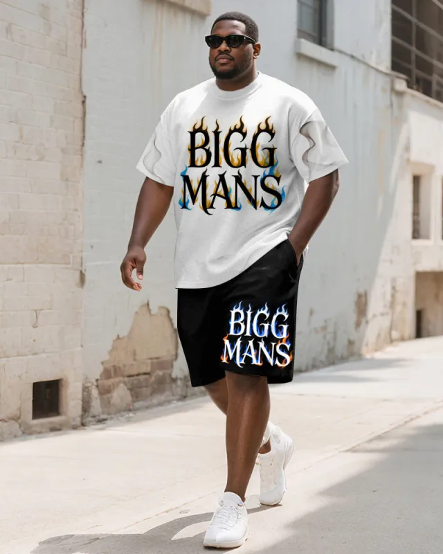 Men's Plus Size Flame Gradient BIGGMANS Letter Print Round Neck Short Sleeve T-shirt Shorts Suit sold by Biggmans