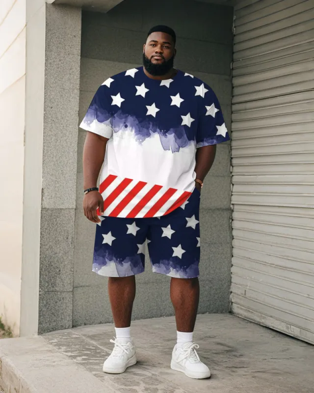 Men's Plus Size Independence Day Star Stripe Print Round Neck Short Sleeve T-Shirt Shorts Suit sold by Biggmans