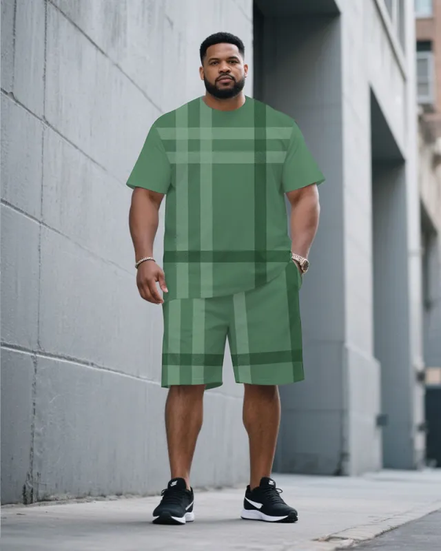 Men's Plus Size Green Large Plaid Jacquard Fabric Round Neck Short Sleeve T-Shirt Shorts Suit sold by Biggmans