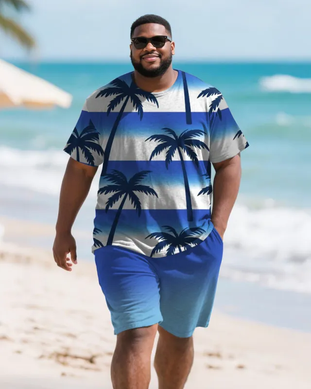 Men's Plus Size Blue Coconut Tree Gradient Stripe Print Round Neck Short Sleeve T-Shirt Shorts Suit sold by Biggmans