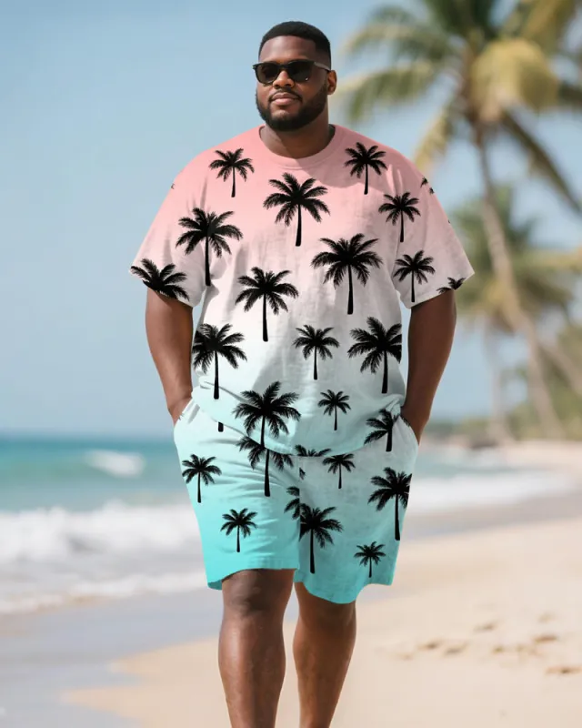 Men's Plus Size Red Blue Coconut Gradient Print Round Neck Short Sleeve T-shirt Shorts Suit sold by Biggmans