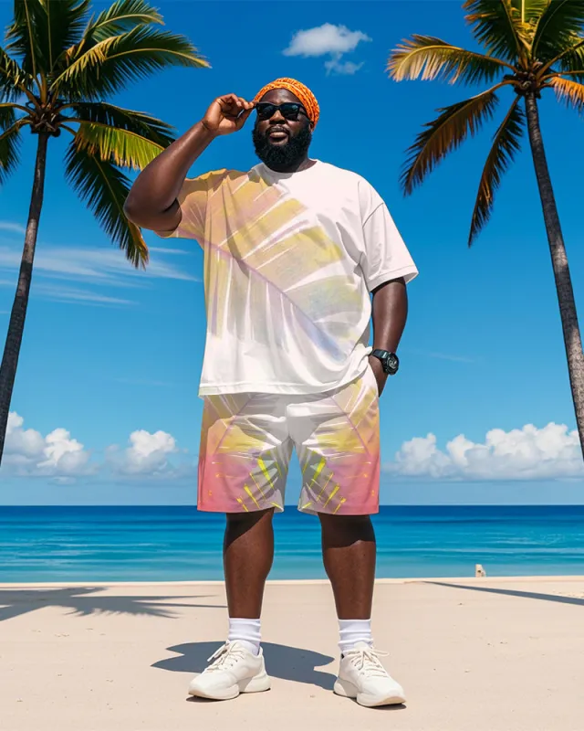 Big & Tall Men's Hawaiian Pink Leaf Print Round Neck Short Sleeve T-Shirt Shorts Suit sold by Biggmans