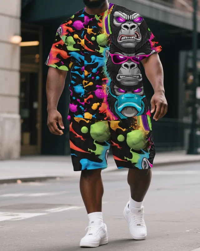 Men's Big & Tall Dreamy Cartoon Splicing Gorillas Print Short-Sleeved T-shirt & Short Set sold by Biggmans