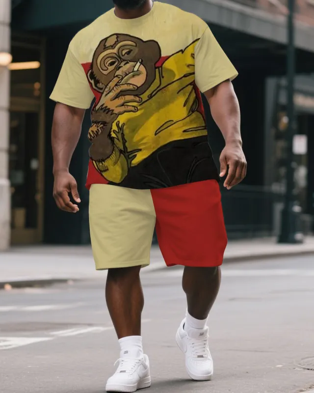 Men's Big & Tall Cartoon Cool Gorillas Smoking Print Splicing Short-Sleeved T-shirt & Short Set sold by Biggmans