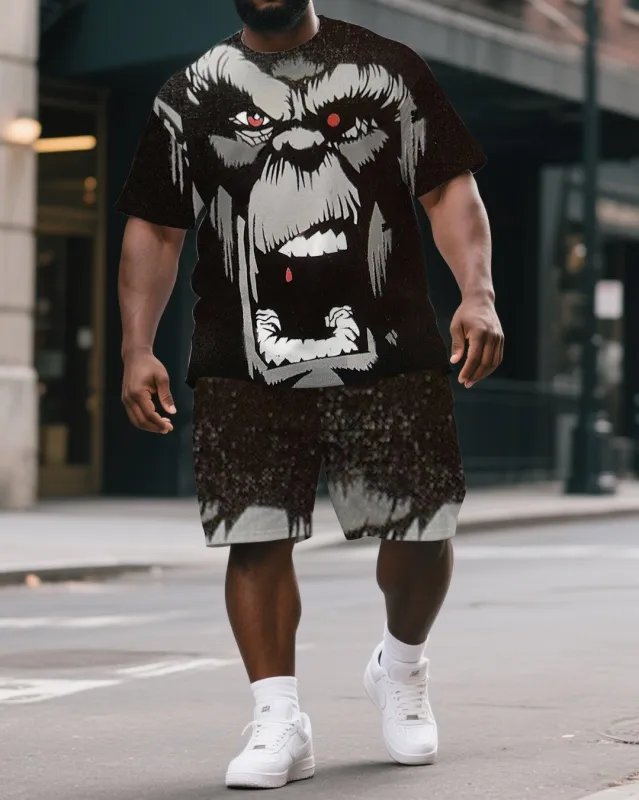 Men's Street Style Angry Gorillas Cartoon Print Big & Tall Outdoor Short-Sleeve T-shirt & Short Set sold by Biggmans