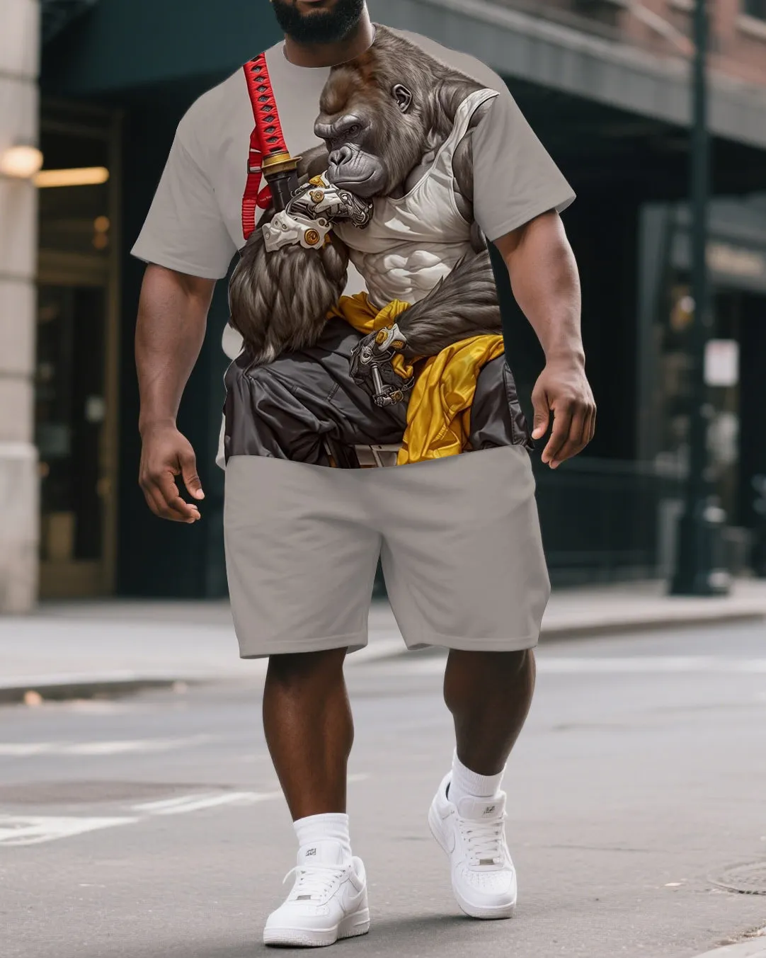 Men's Fun Cartoon Soldier Gorillas Print Big & Tall Short-Sleeve T-shirt & Short Set sold by Biggmans