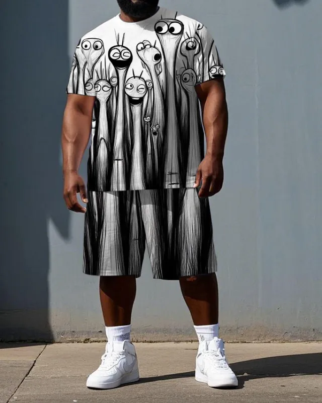 Big & Tall Men's Street Fashion Monsters Sketch Print Short-Sleeve T-shirt 2-Piece Set sold by Biggmans
