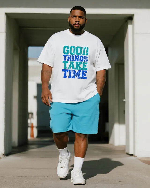 Big & Tall Men's Blue Good Thngs Take Time Letter Print Round Neck Short Sleeve T-Shirt Shorts Suit sold by Biggmans