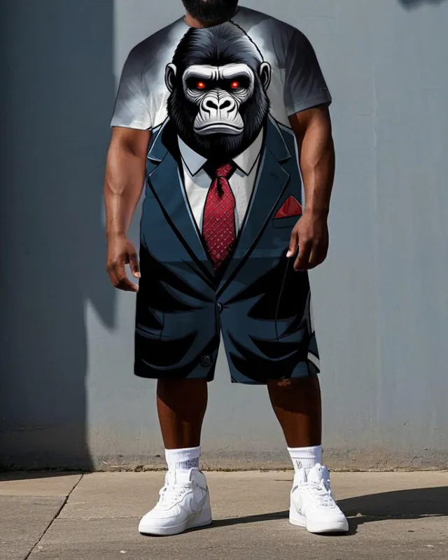 Big & Tall Men's Cartoon Gorillas in a Suit Daily Casual Short Sleeve T-shirt 2-Piece Set sold by Biggmans