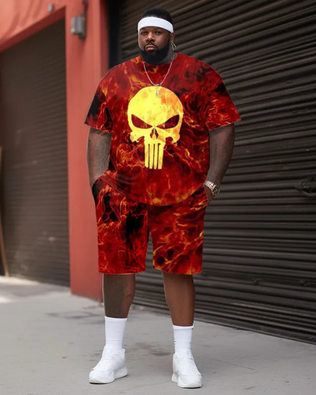 Men's Large Size Squid Fire Skull Street Cartoon Color Block Graffiti Short Sleeve Shorts Suit sold by Biggmans