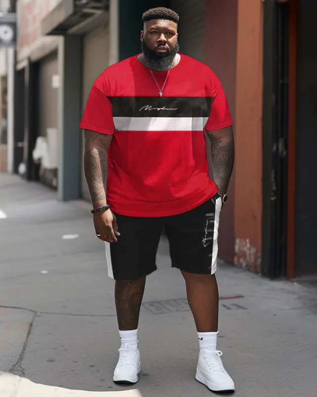 Men's Large Size Simple Patchwork Sports Style T-shirt & Shorts Set sold by Biggmans