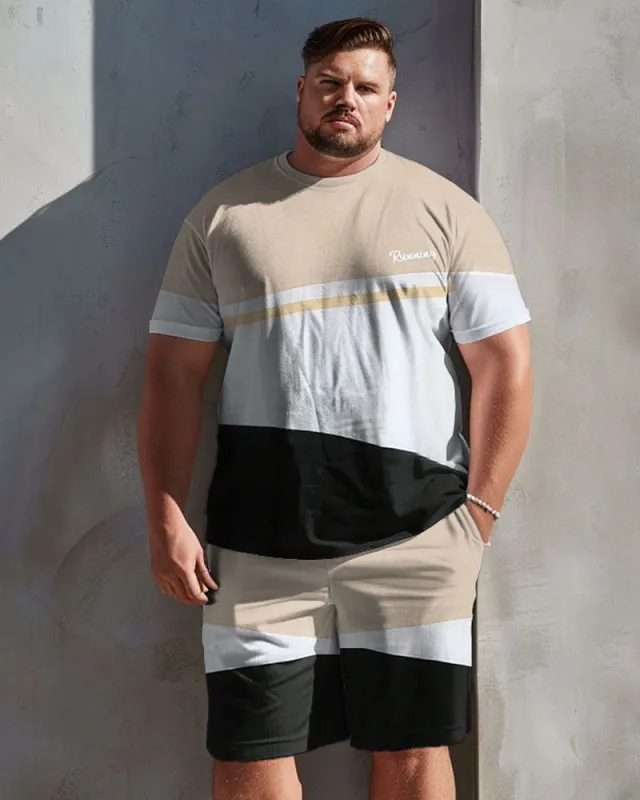 Men's Plus Size Casual Simple Khaki Colorblock Print T-Shirt Shorts Suit sold by Biggmans