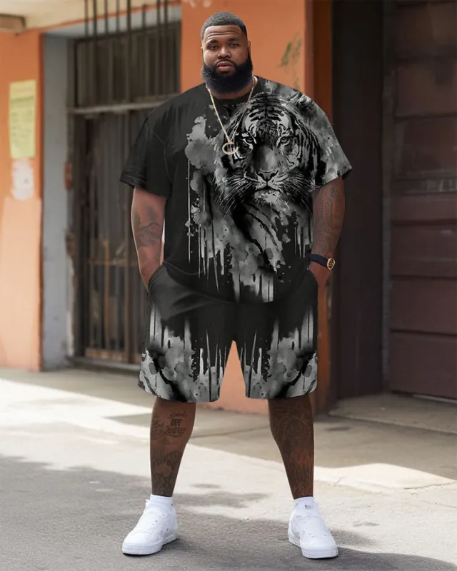 Men's Plus Size Street Casual Black And White Art Tiger Print T-Shirt Shorts Suit sold by Biggmans