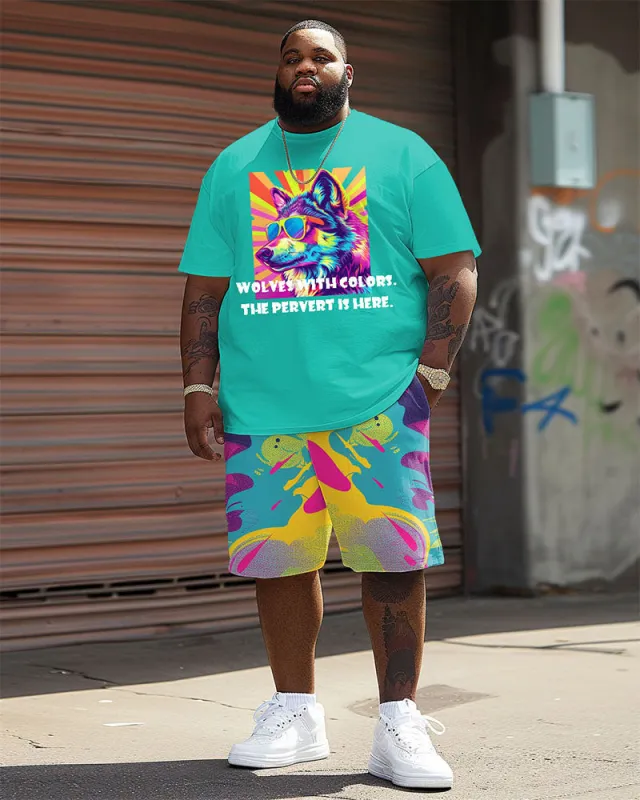 Men's Plus Size Street Fashion Pop Art Funny "Colored Wolf" Printed T-Shirt Shorts Suit sold by Biggmans