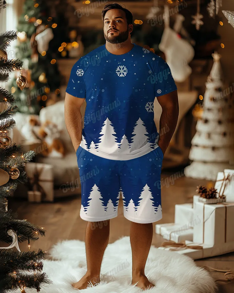 Men's Plus Size Christmas Blue Snowflake Christmas Tree Print T-Shirt Shorts Suit sold by Biggmans