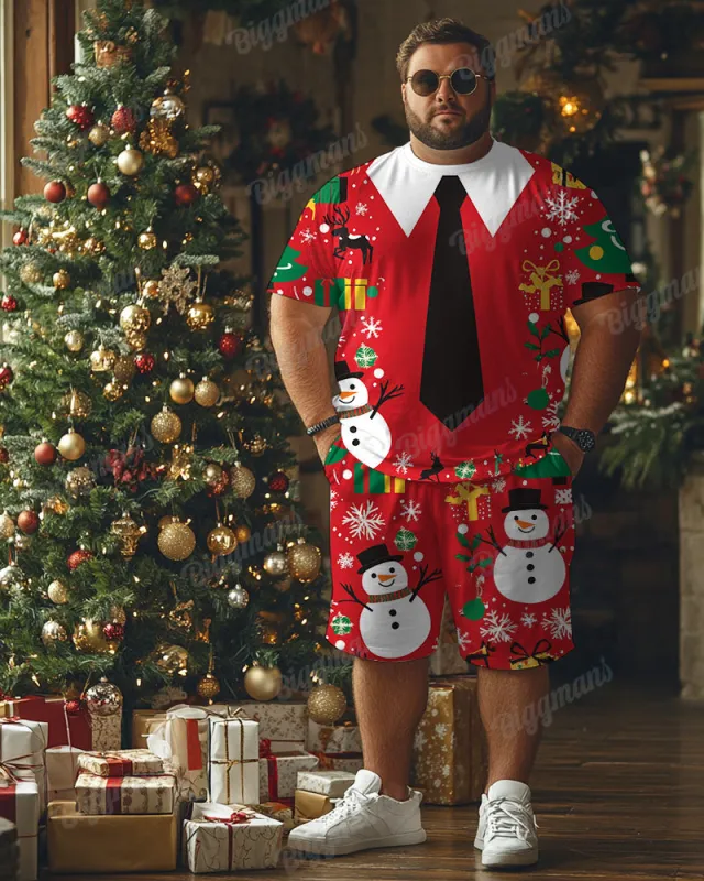 Men's Plus Size Christmas Red Snowman Elk Cartoon Tie Print T-Shirt Shorts Suit sold by Biggmans