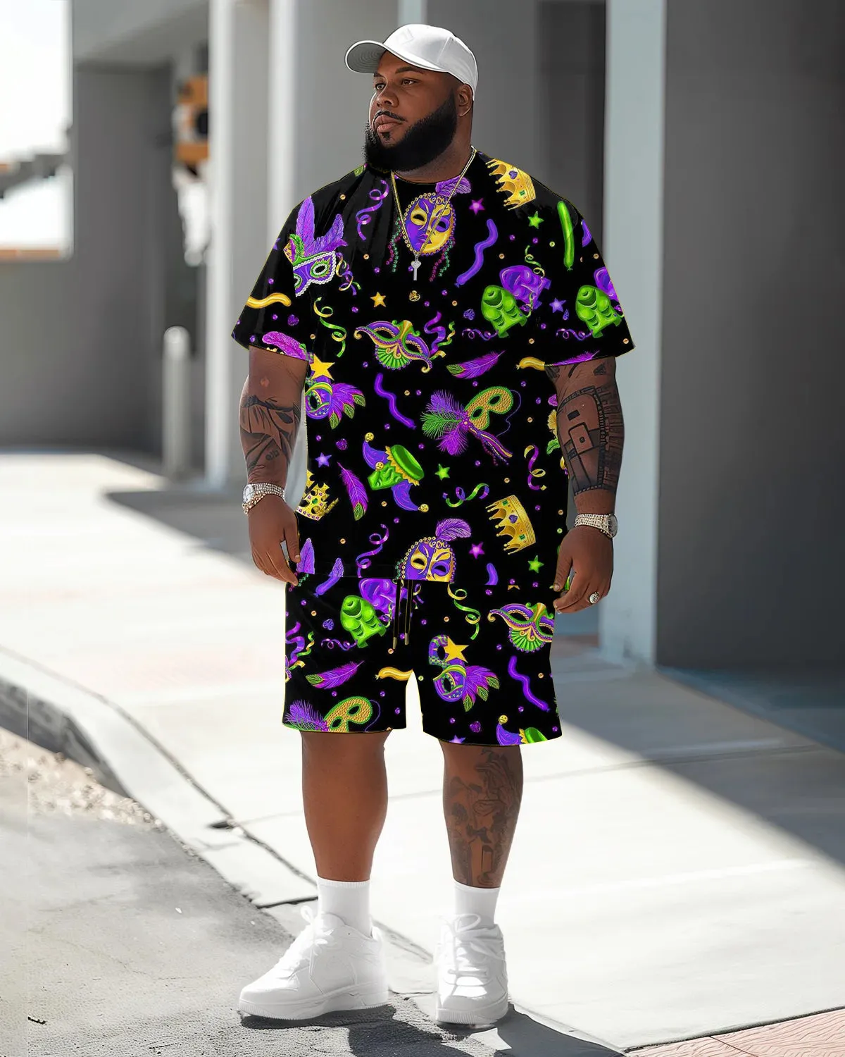 Men's Plus Size Orleans Mardi Gras Print T-Shirt Shorts Suit sold by Biggmans