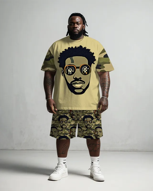 Men's Plus Size Street Fashion Camouflage Hip Hop Head Green Print T-Shirt Shorts Suit sold by Biggmans