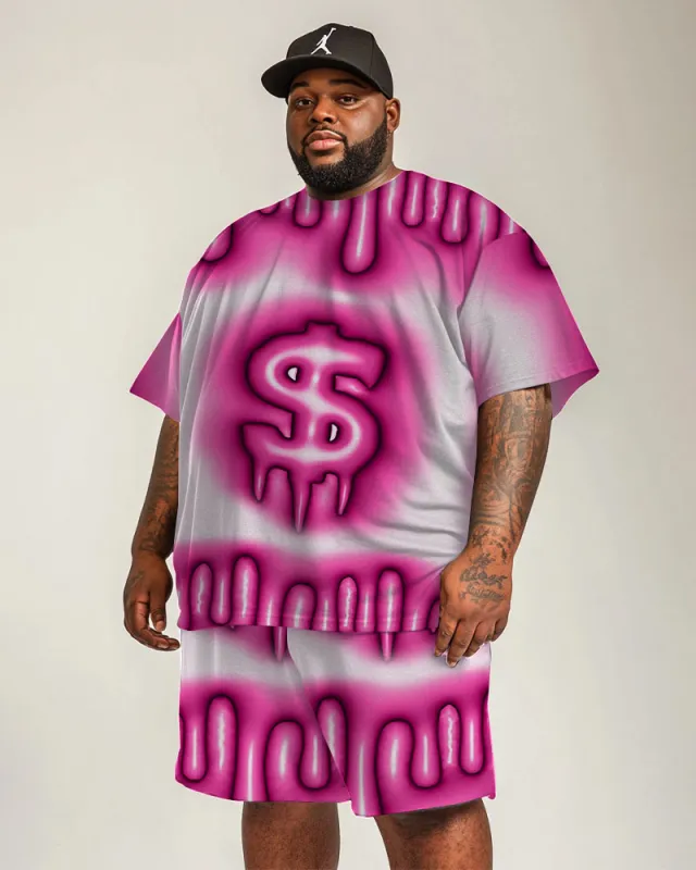 Men's Plus Size Street Hip Hop Pink Gradient Symbol Print Short Sleeve T-Shirt Shorts Suit sold by Biggmans