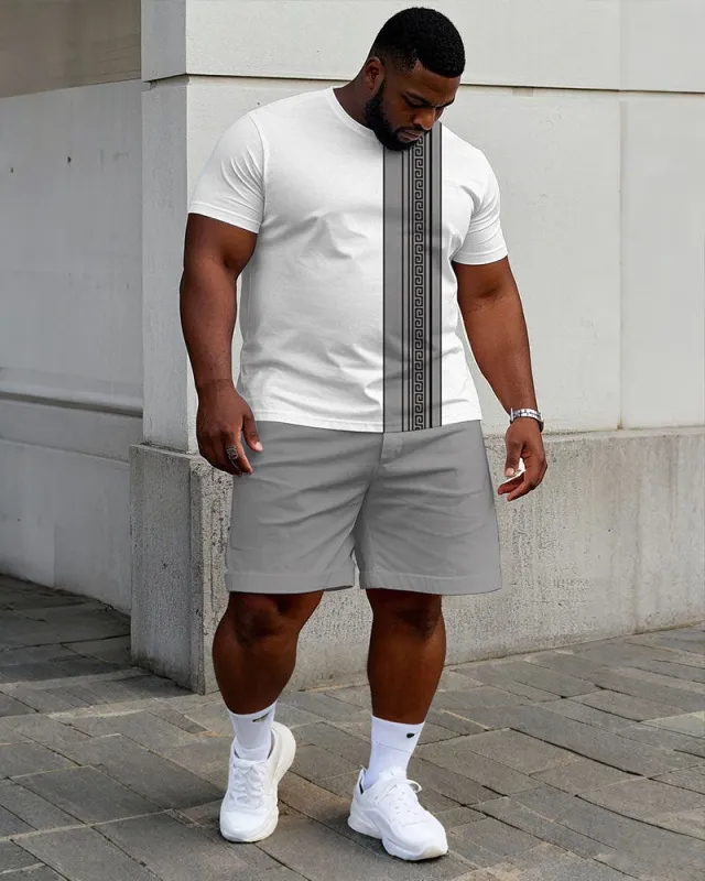 Men's Plus Size Casual Fashion White & Grey Patchwork Printed Short-sleeved T-shirt Shorts Suit sold by Biggmans