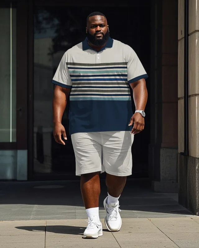 Big Men's Simple Blue Stripe Color Block Printed Short Sleeve Polo Shirt Shorts Set sold by Biggmans