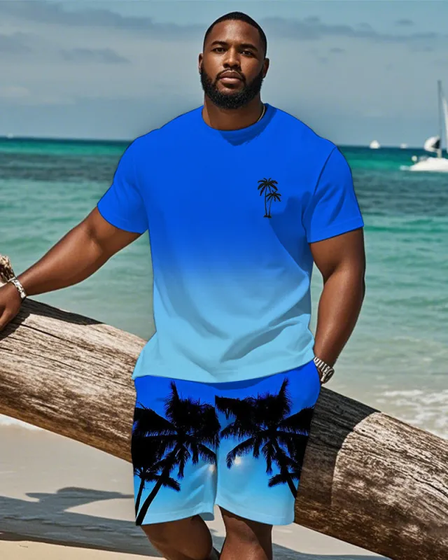 Men's Plus Size Hawaiian Gradient Blue Coconut Print Short Sleeve T-Shirt Shorts Suit sold by Biggmans