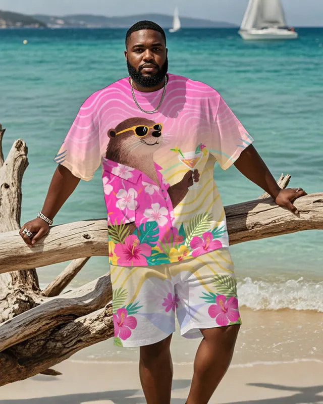 Men's Plus Size Hawaiian Pink Otter Drinking Cocktail Print Short Sleeve T-Shirt Shorts Suit sold by Biggmans