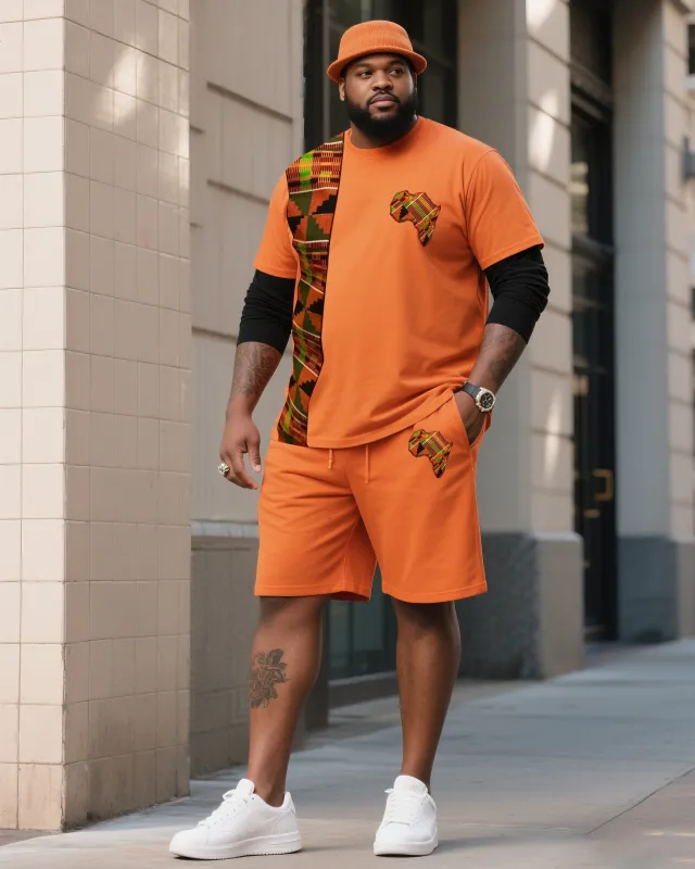 Men's Plus Size Hermes Orange Creative Stripe African Figure Print T-Shirt Shorts Suit sold by Biggmans