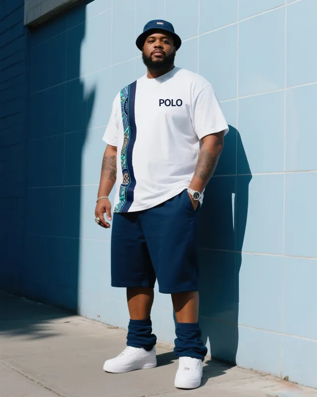 Men's Plus Size Fashion Color Creative Striped Polo English Printed T-Shirt Shorts Suit sold by Biggmans