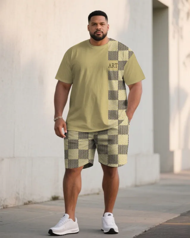 Men's Plus Size Casual Khaki Texture Checkerboard Fabric Color-matching Short-sleeved T-shirt Shorts Suit sold by Biggmans