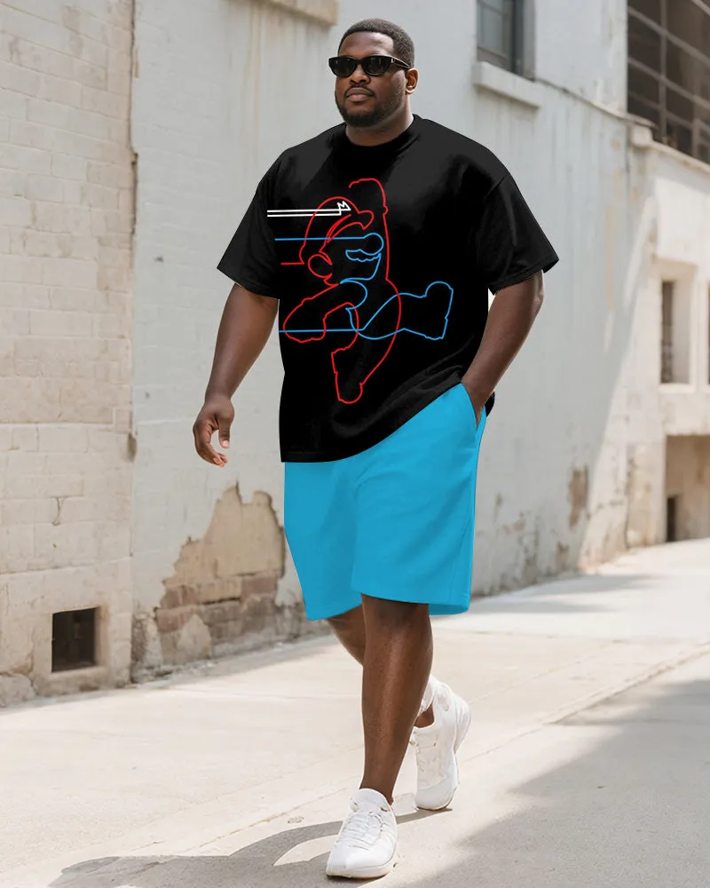 Men's Plus Size Black And Blue Line Cartoon Print Short Sleeve T-shirt Shorts Suit sold by Biggmans