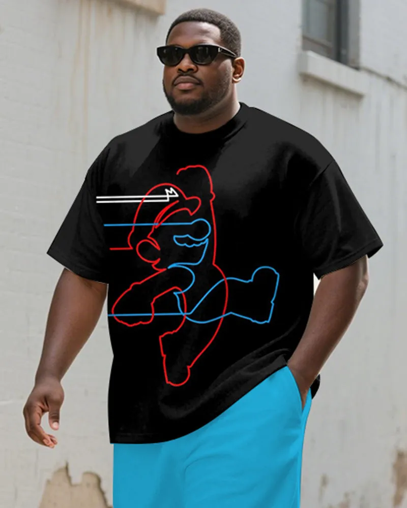 Men's Plus Size Black And Blue Line Cartoon Print Short Sleeve T-shirt Shorts Suit sold by Biggmans product image thumbnail 2