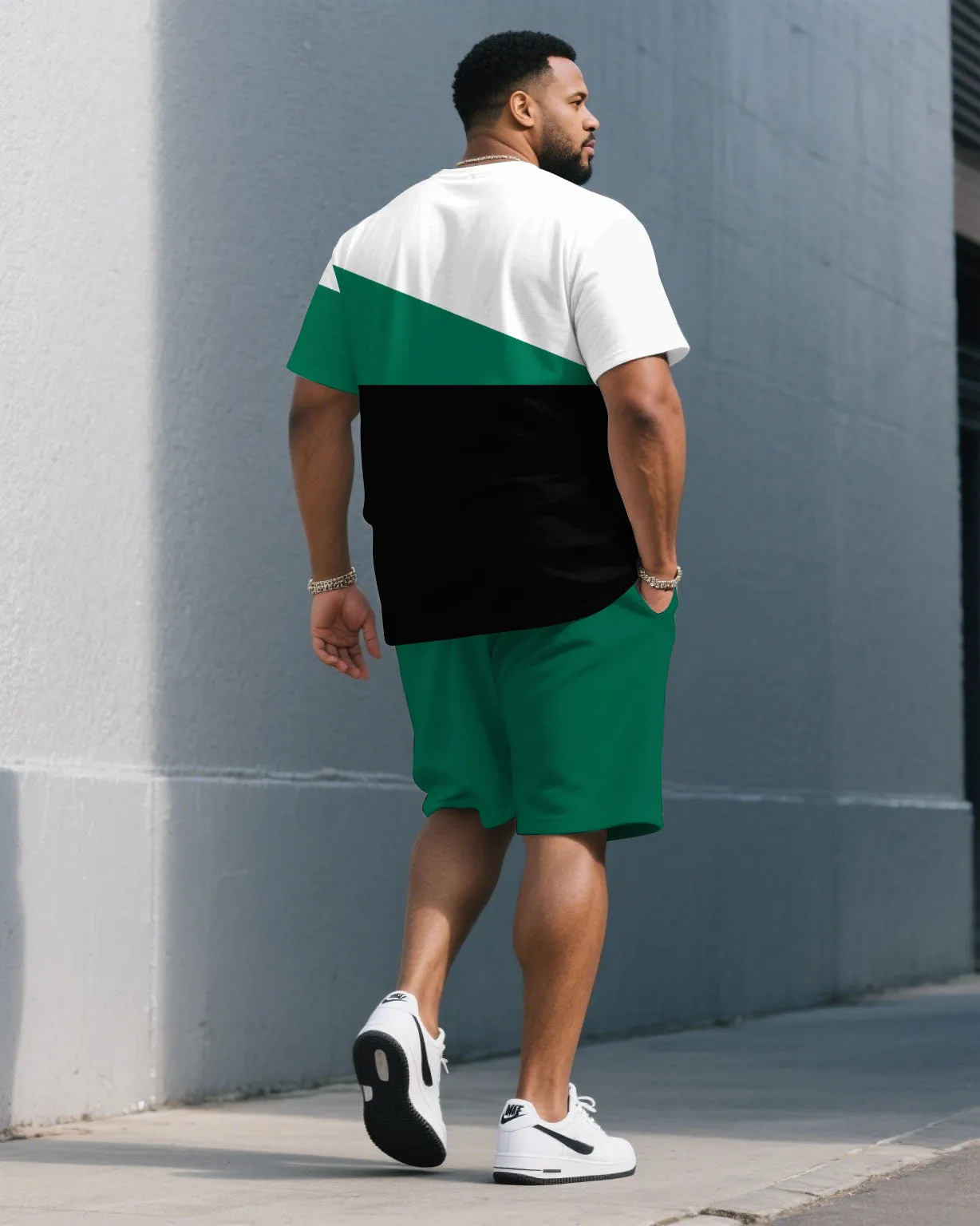 Men's Plus Size Green & White & Black Colorblock Chest King Print Round Neck Short Sleeve T-Shirt Shorts Suit sold by Biggmans product image thumbnail 4