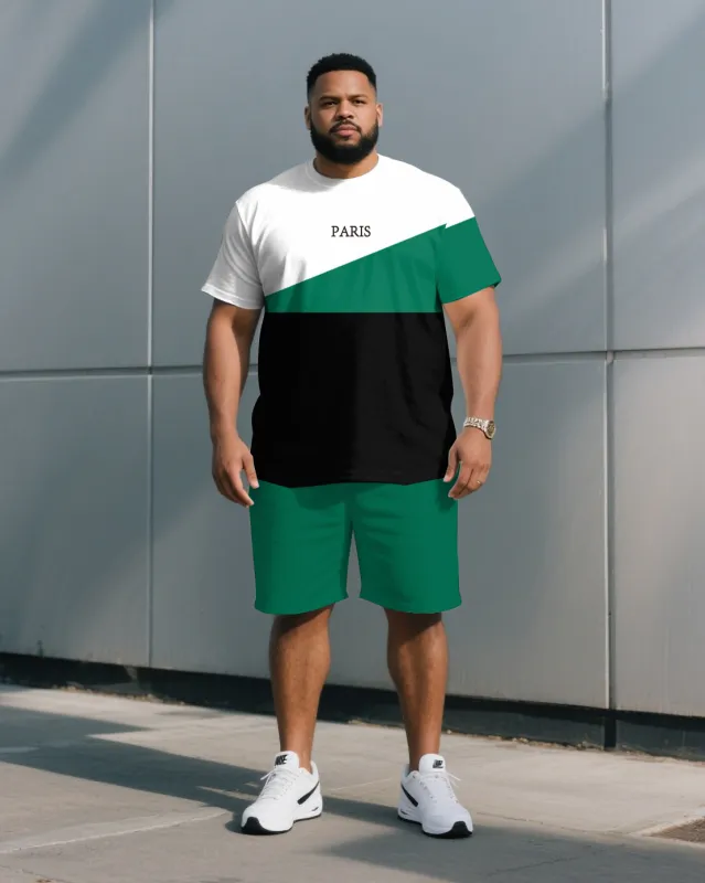 Men's Plus Size Green & White & Black Colorblock Chest King Print Round Neck Short Sleeve T-Shirt Shorts Suit sold by Biggmans