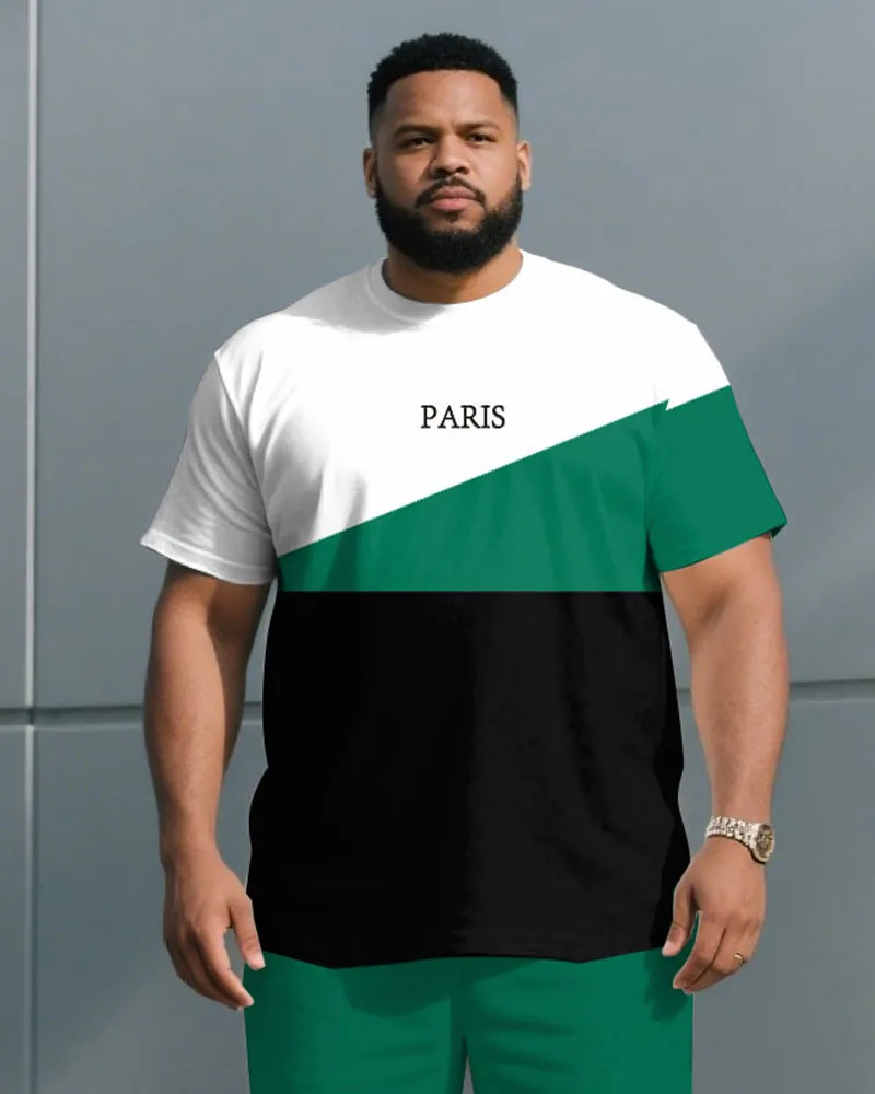 Men's Plus Size Green & White & Black Colorblock Chest King Print Round Neck Short Sleeve T-Shirt Shorts Suit sold by Biggmans product image thumbnail 2