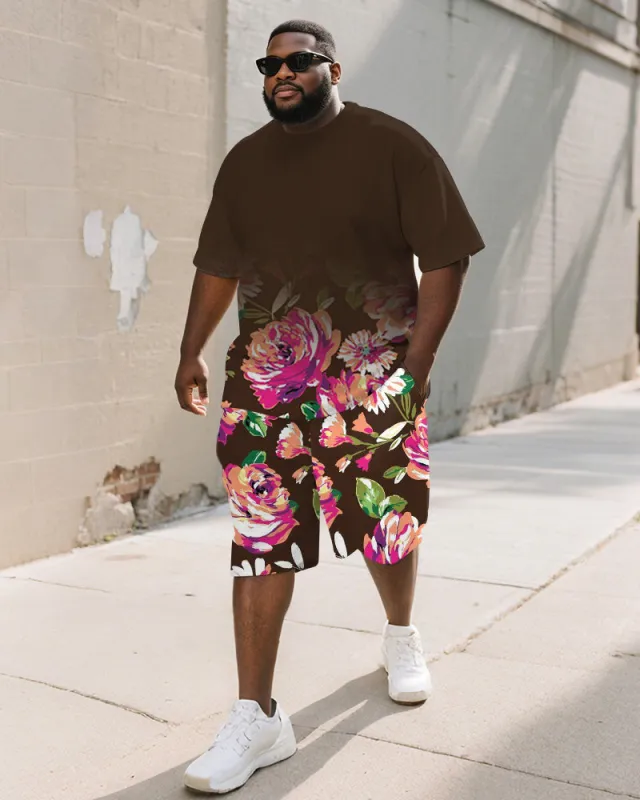 Men's Plus Size Street Brown Gradient Graffiti Rose Print Round Neck Short Sleeve T-Shirt Shorts Suit sold by Biggmans