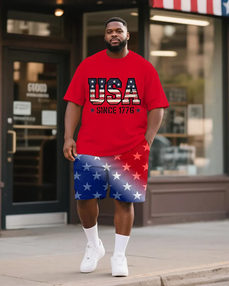 Men's Plus Size Independence Day Red Letter Print Round Neck Short Sleeve T-Shirt Shorts Suit sold by Biggmans