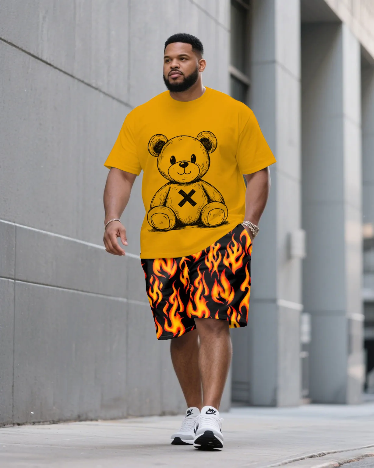Men's Plus Size Yellow Flame & Bear Print Round Neck Short Sleeve T-Shirt Shorts Suit sold by Biggmans