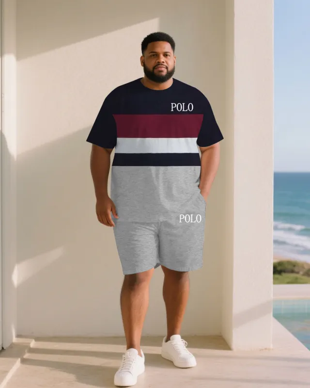 Big & Tall Men Red & White & Melange Gray Color-matching Chest Small Label Printed Crewneck Short Sleeve T-shirt Shorts Suit sold by Biggmans