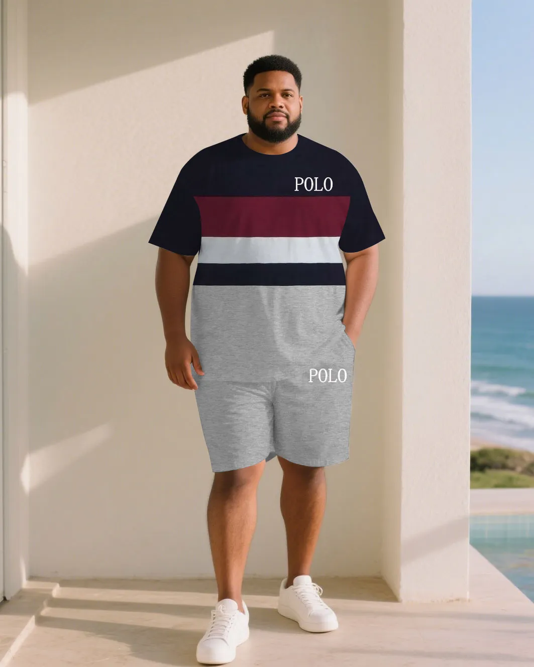 Big & Tall Men Red & White & Melange Gray Color-matching Chest Small Label Printed Crewneck Short Sleeve T-shirt Shorts Suit sold by Biggmans