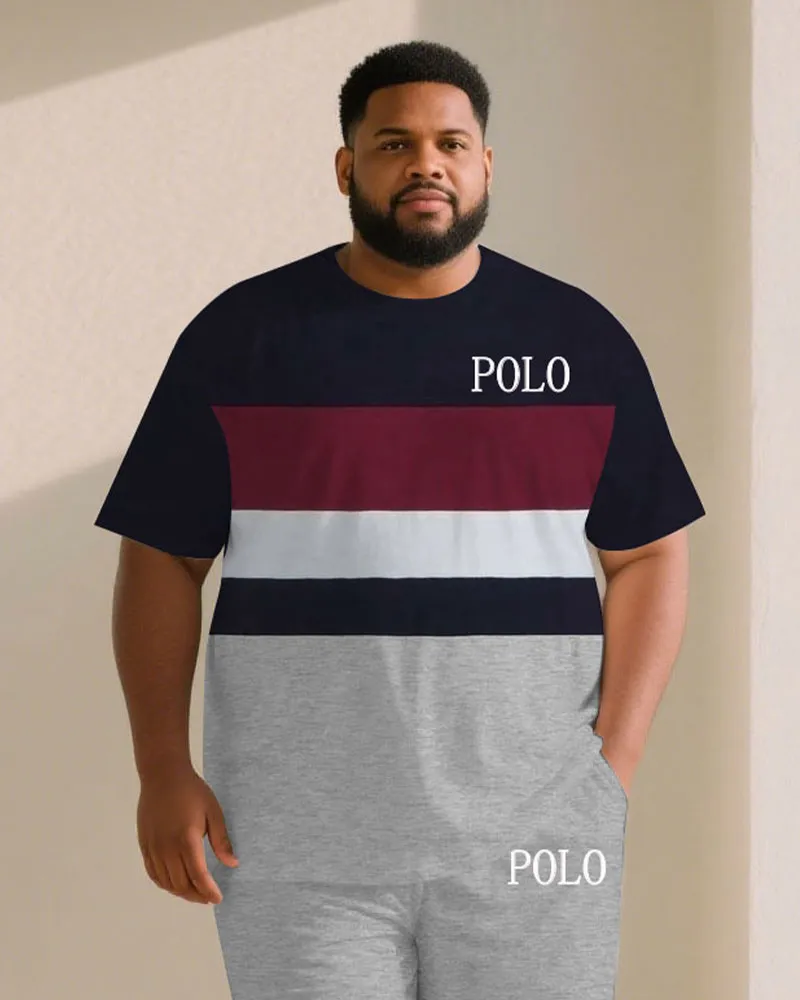 Big & Tall Men Red & White & Melange Gray Color-matching Chest Small Label Printed Crewneck Short Sleeve T-shirt Shorts Suit sold by Biggmans product image thumbnail 2