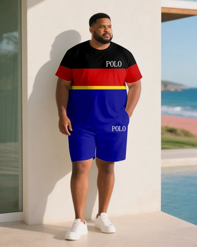 Big & Tall Men Black & Red & Blue Color Matching Chest Small Logo Printed Crew Neck Short Sleeve T-shirt Shorts Suit sold by Biggmans