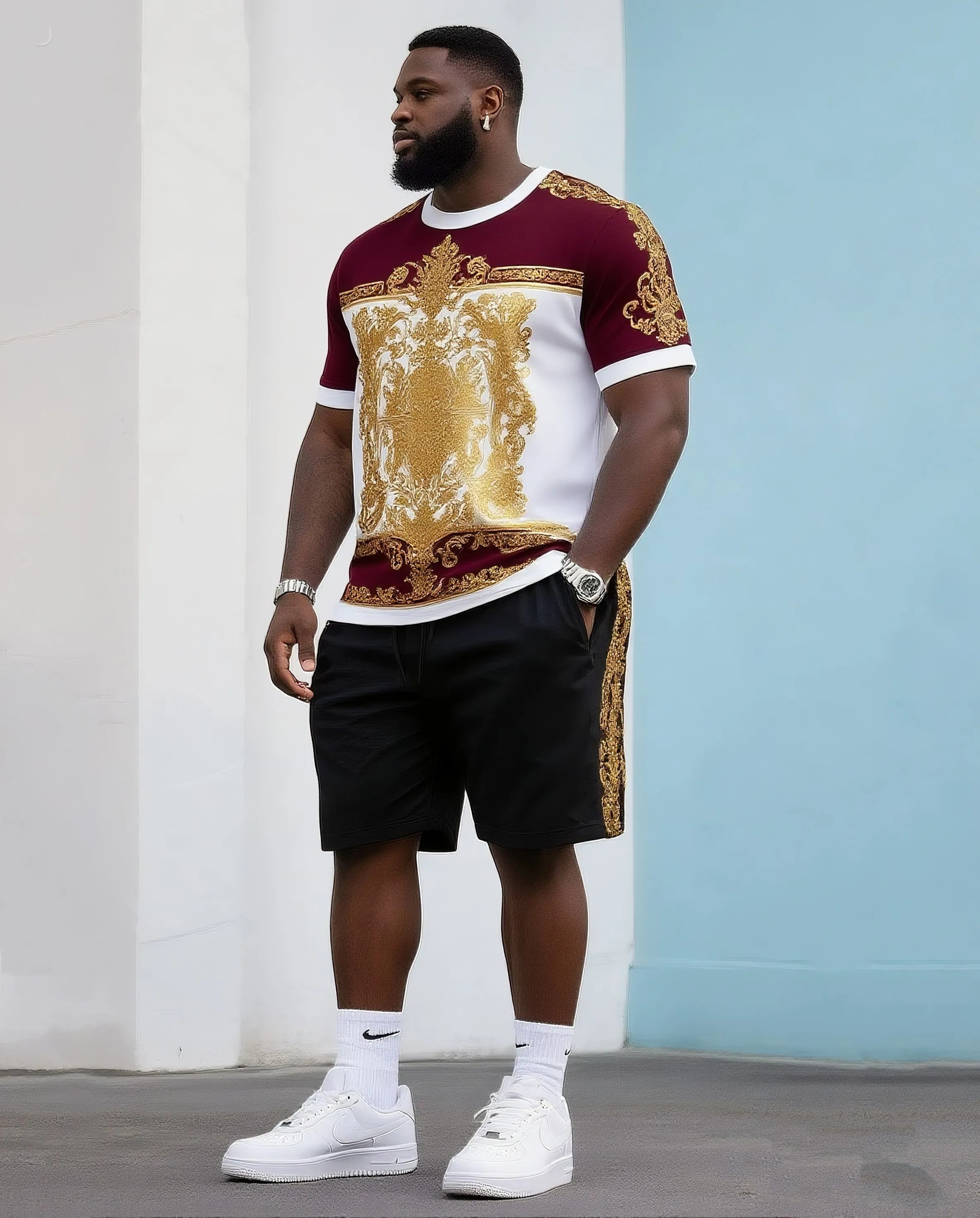 Big & Tall Men's Daily Casual Color Matching. Vintage Bronzing Printed Crewneck T-Shirt Shorts Suit sold by Biggmans