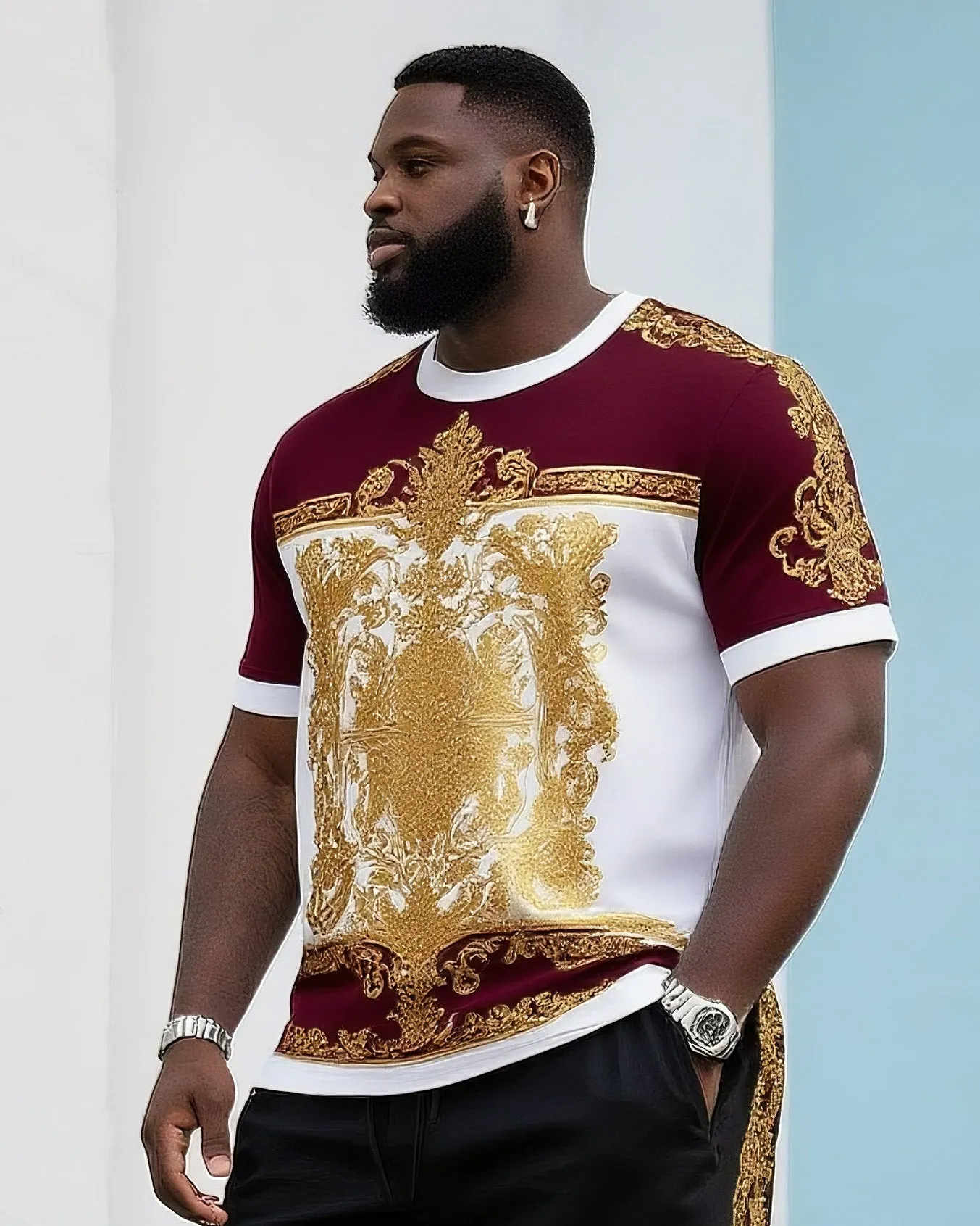 Big & Tall Men's Daily Casual Color Matching. Vintage Bronzing Printed Crewneck T-Shirt Shorts Suit sold by Biggmans product image thumbnail 2