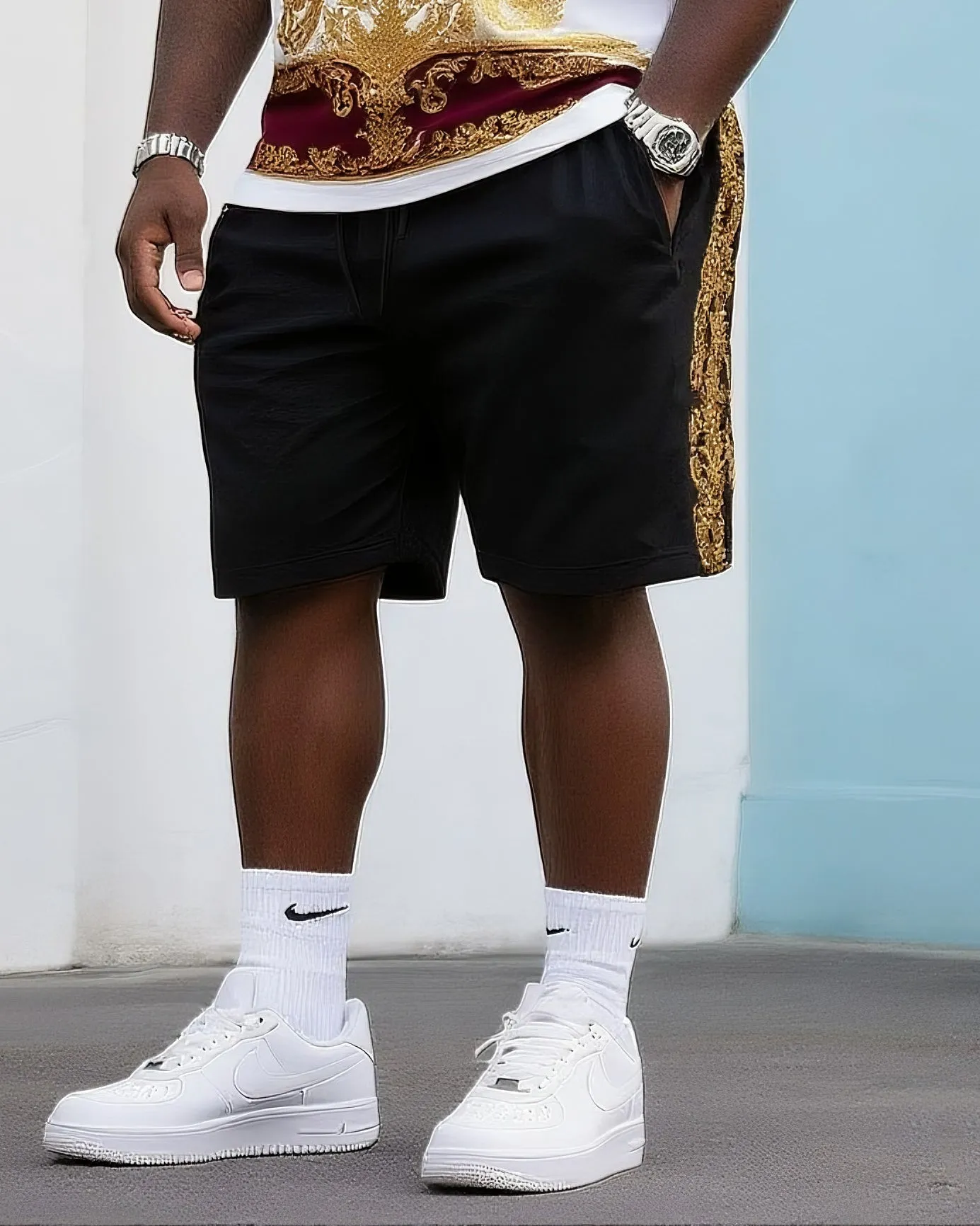 Big & Tall Men's Daily Casual Color Matching. Vintage Bronzing Printed Crewneck T-Shirt Shorts Suit sold by Biggmans product image thumbnail 3