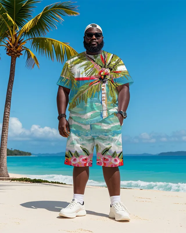 Big & Tall Men's Hawaiian Coconut Flower Graffiti Print Round Neck Short Sleeve T-Shirt Shorts Suit sold by Biggmans